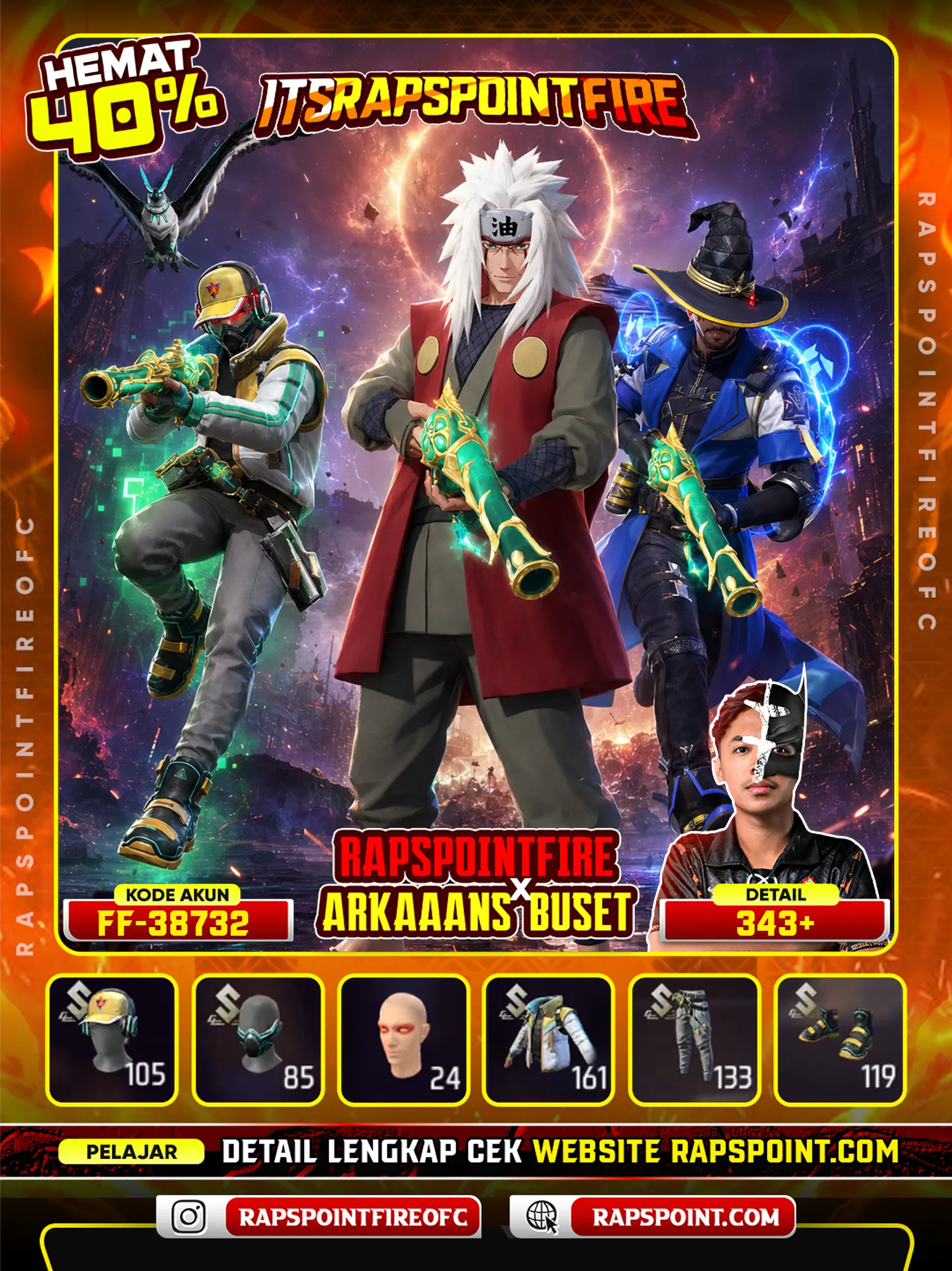 Evo Ak47 4, Evo M1014 Scorpio 4, Evo Tinju 4, Sg 2 Trompet,Super Gamer Bundle On, Jiraiya On, Arctic Blue, Yinyang Emas, Rambut Kakashi Putih, Angel Merah