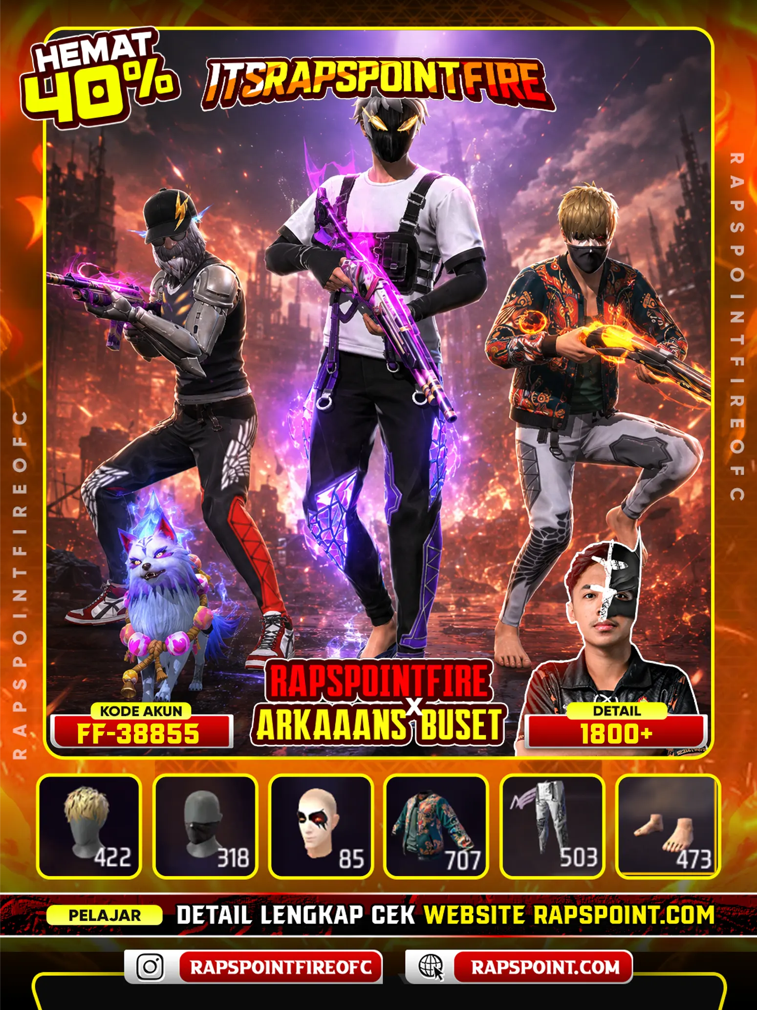 Evo Ak47 7, Evo Mp5 5, Evo Ump Booyah Day 2021 5, Evo Xm8 5, Evo Mp40 Cobra 5, Cobra On, Bundle Gintoki Sakata, Galactic Bunny On, Pain On, Cup Ramen On, Firy Fantasy On