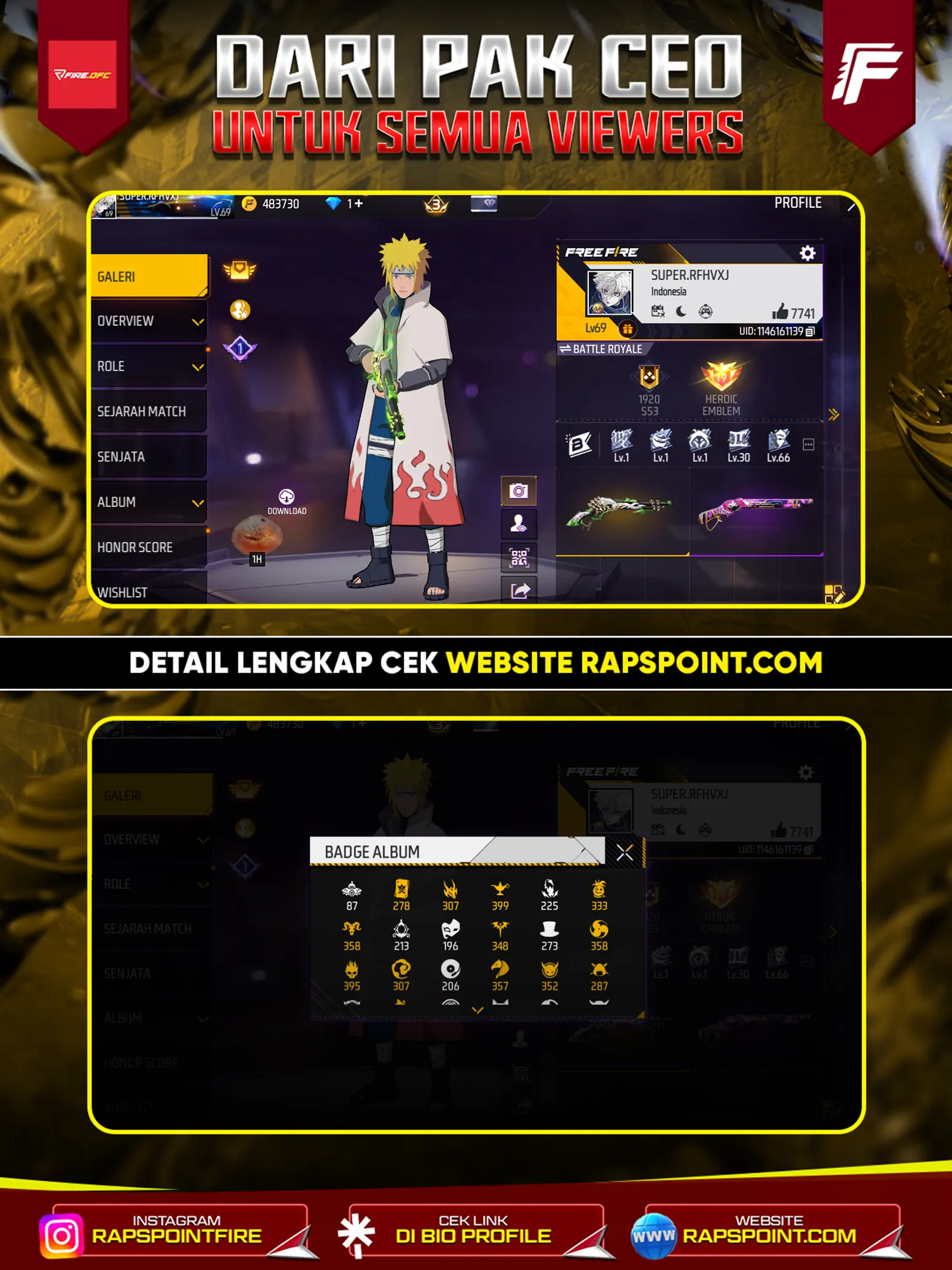 Akun Mewah - EVO GROZA 4, EVO M1014 SCORPIO 5, EVO WOODPOCKER 7, SG 2 RAPPER, ANGEL HIJAU, ANIMASI MEDKIT, ANIMASI MASUK, RAMADHAN ON, Manga Artist Bundle ON, Jiraiya ON