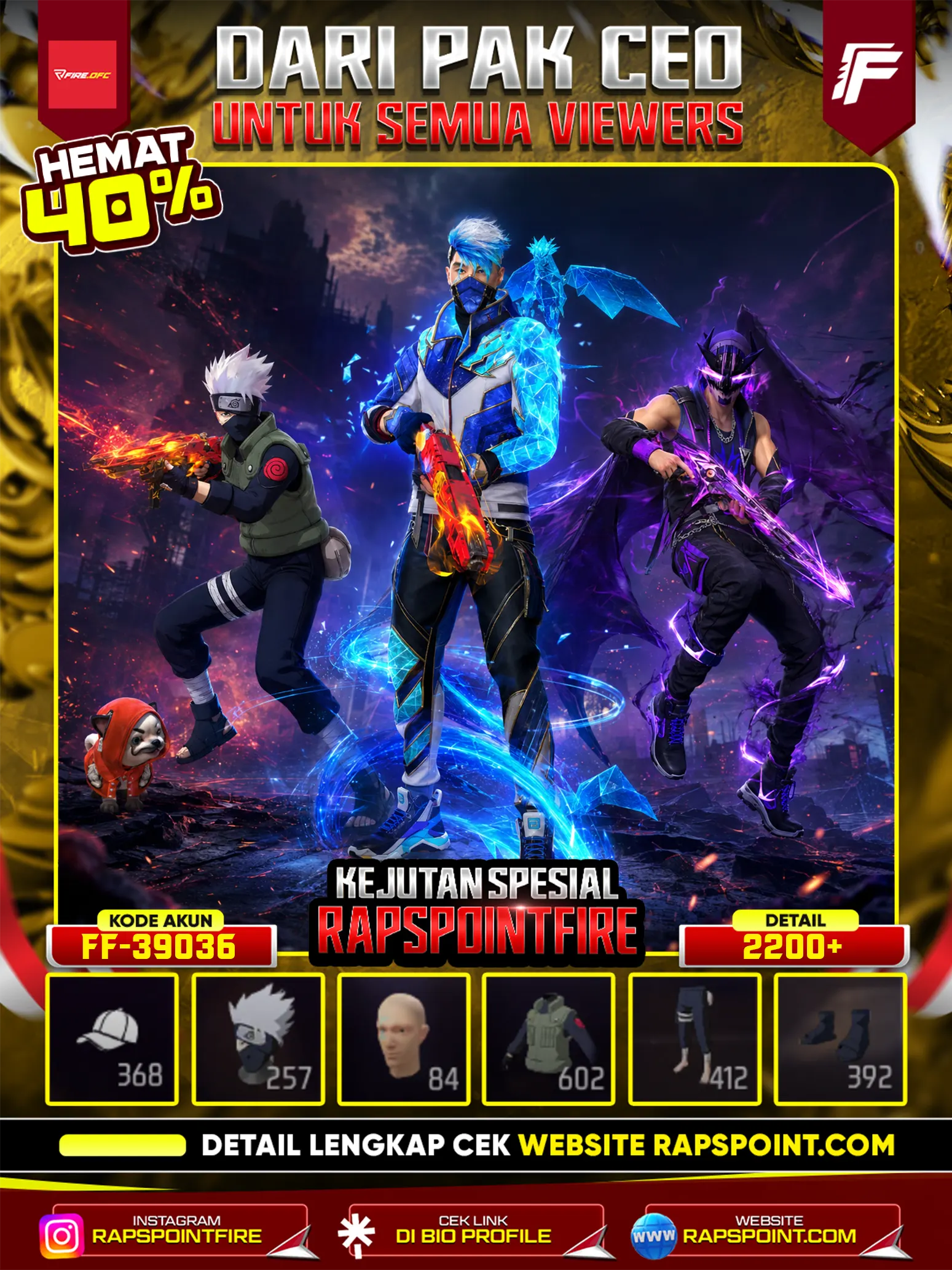 Akun Mewah - EVO AK47 7, EVO GROZA 5, EVO MP40 COBRA 7, EVO SCAR MEGALODON 7, SG 2 OPM, BUNDLE NAVY STARSEA ON, BUNDLE GALAXY ON, Paradox ON, Rager Konqueror Bundle ON
