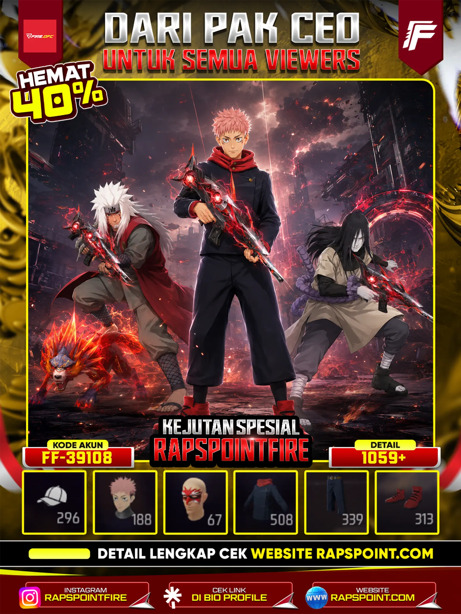 Akun Mewah - YUJI JJK ON, Orochimaru ON, Jiraiya ON, Vigilante ON, EVO SCAR MEGALODON 7, EVO UMP BOOYAH DAY 2021 4, SG 2 RAPPER