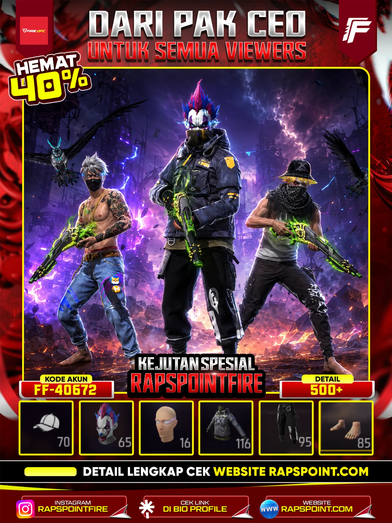 AKUN GAGAH V 116, PRIME 4, SG 2 3 RASA, EVO GUN 4 MAX 1, BUNDLE LUNAR, SOLAR ECLIPSE, NOBARA, ANIMASI MASUK, ANIMASI BERUBAH, DAN MASIH BANYAK ITEM LAINNYA