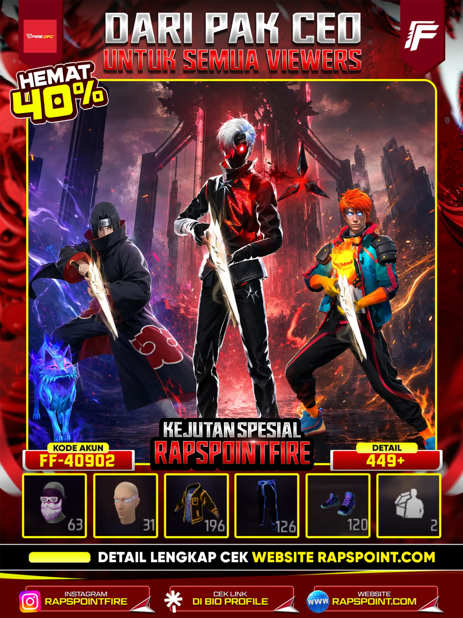 AKUN PELAJAR VAULT 196,PRIME 3, EVO 5, SGEVO, ANIMASI MASUK, BUNDLE KAKASHI, JENGGOT NEON, DARK MATTE,M GENJI, TOPI JERAMI