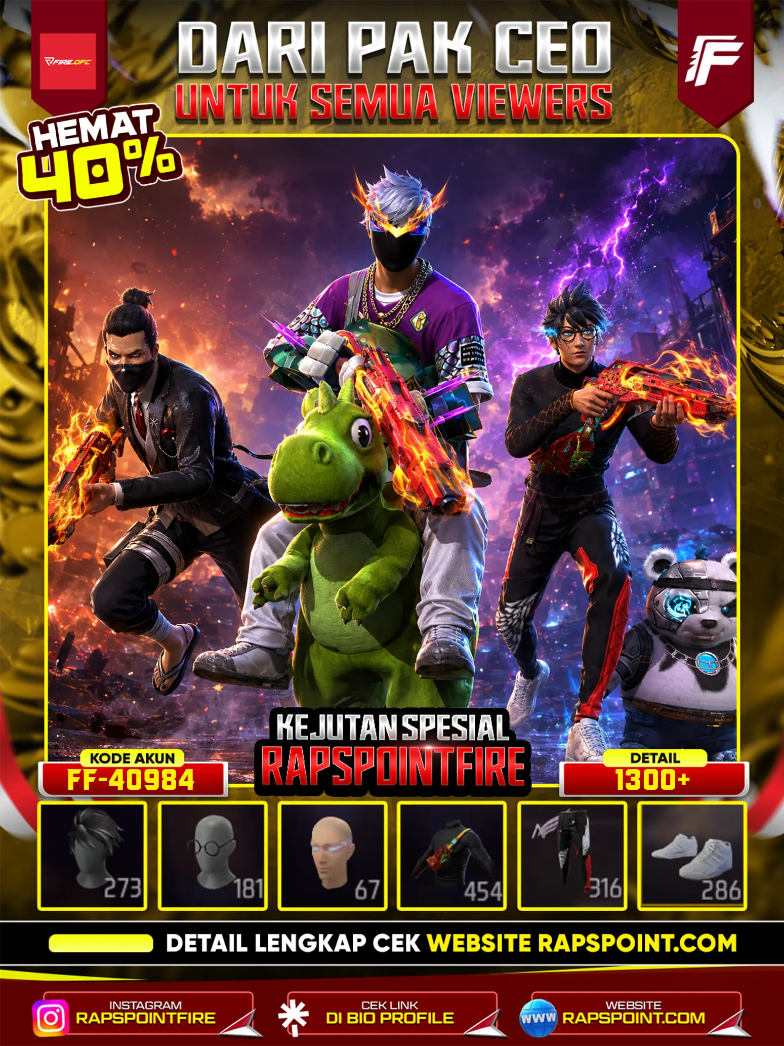 AKUN MEWAH AKUN MEWAH V 453, PRIME 4, SG 2 1 RASA, EVO 2 MAX 1, JIRAYA, KAKASHI, ANGEL MERAH, TUNG TUNG SAHUR, GINTAMA CEWE