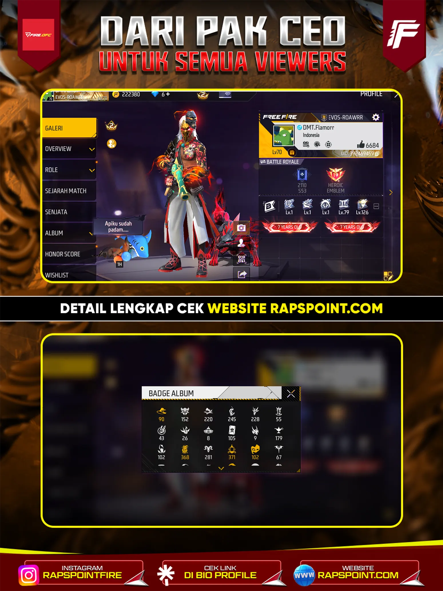 AKUN PELAJAR VAULT 501, PRIME 3, SG2 2 RASA, EVO 1, SEPATU LETDA, BUNDLE SAITAMA, ANGEL PUTIH, FACE JOKER CEWE, RAMBUT KAKASHI, DAN MASIH BANYAK ITEM LAINNYA