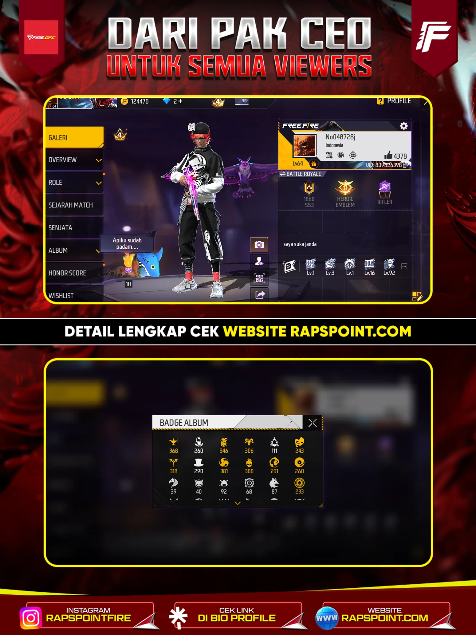 AKUN GAGAH V 405,PRIME 5, EVO 1, SG2 RAPPER, COBRA, ANGEL MERAH, RAMBUT KAKASHI, JORDAN, DAN MASIH BANYAK ITEM LAINNYA