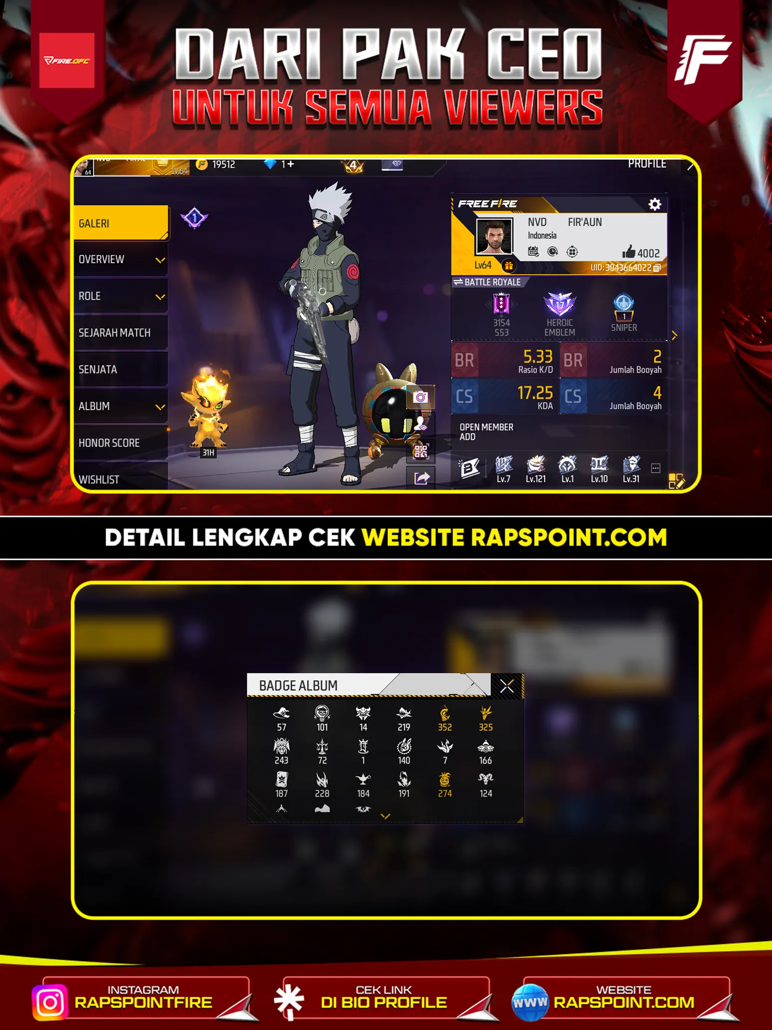 AKUN GAGAH V 322,PRIME 4,EVO 4,MAX 1,SG DUA 1 RASA,ANMASI MASUK,OG HERO,JIRAYA,KAKASHI,BAJU PUTIH POLOS,ANGEL MERAH,ANGEL HIJAU,TO CRIMINAL NEON, DAN MASIH BANYAK ITEM LAINNYA