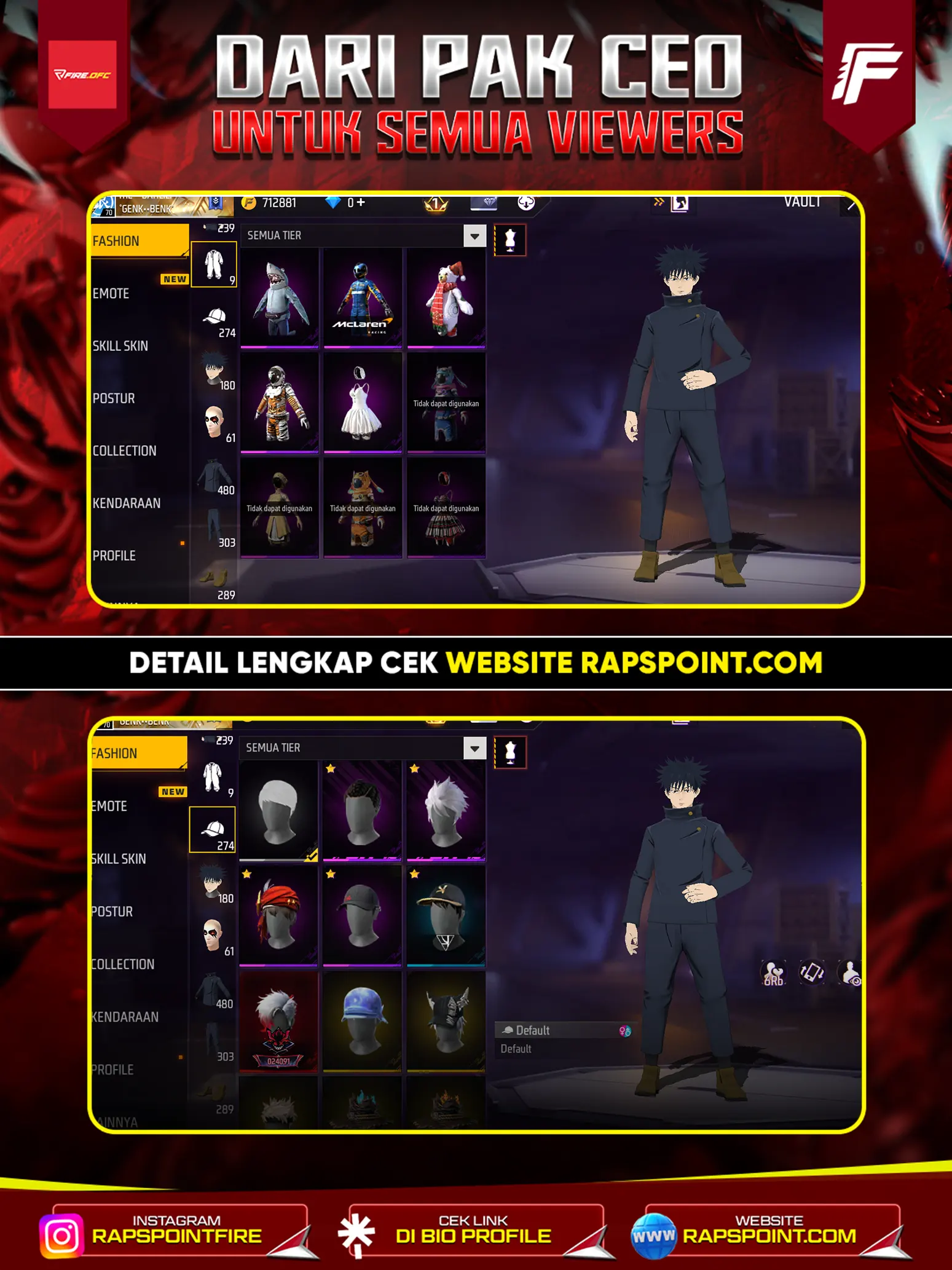 AKUN GAGAH VAULT 480, PRIME 1, SG2 RAPPER, EVO 4, OTW MAX 1, FACE JOKER CEWE, RAMBUT KAKASHI, BUNDLE POKER KUNING, DAN MASIH BANYAK ITEM LAINNYA