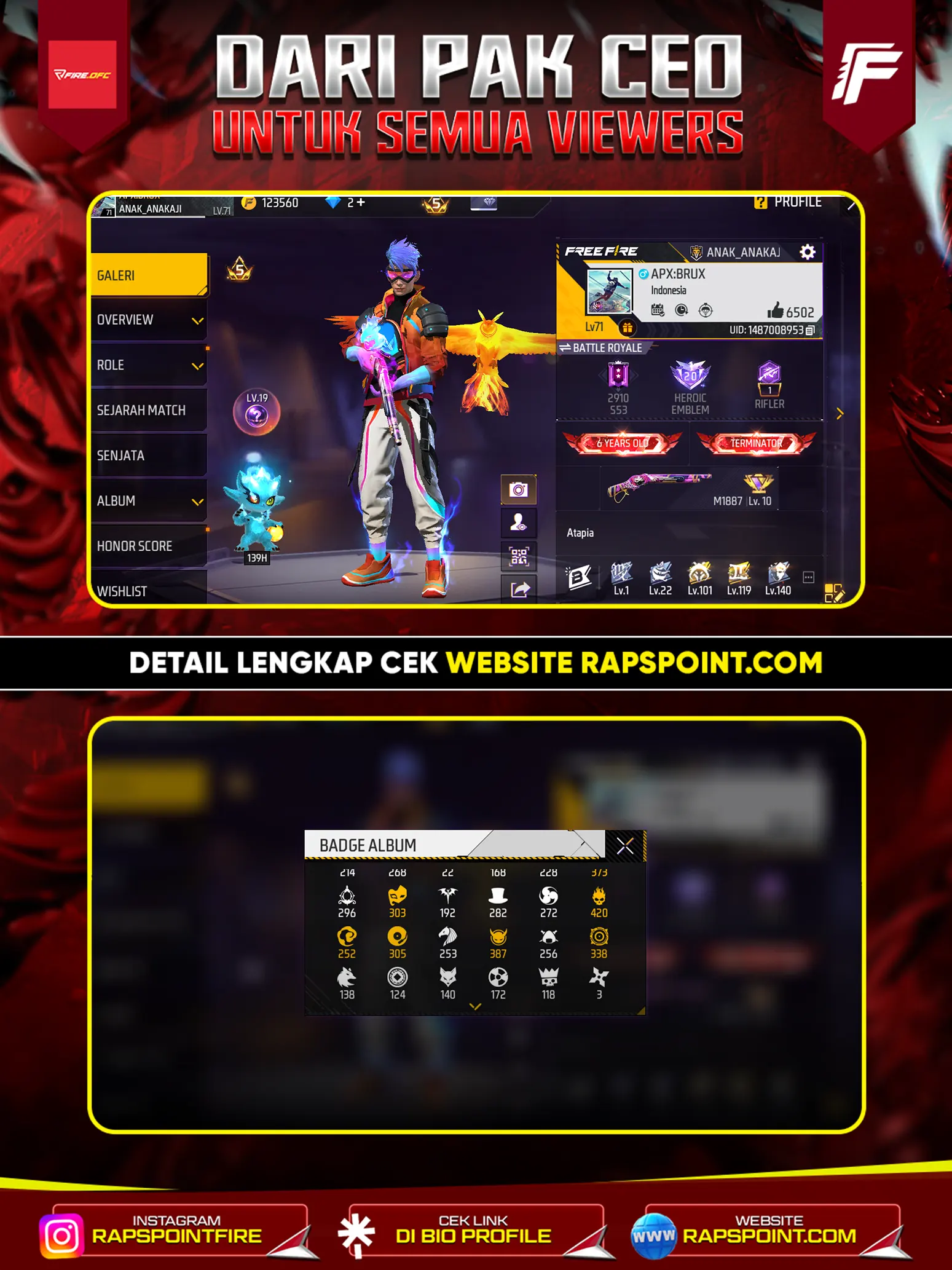 AKUN GAGAH V 531, PRIME 5, EVO 6, SG 2 RAPPER, RAMBUT KAKASHHI, ANGEL PUTIHHH, JOKER CEWE, DAN MASIH BANYAK ITEM LAINNYA