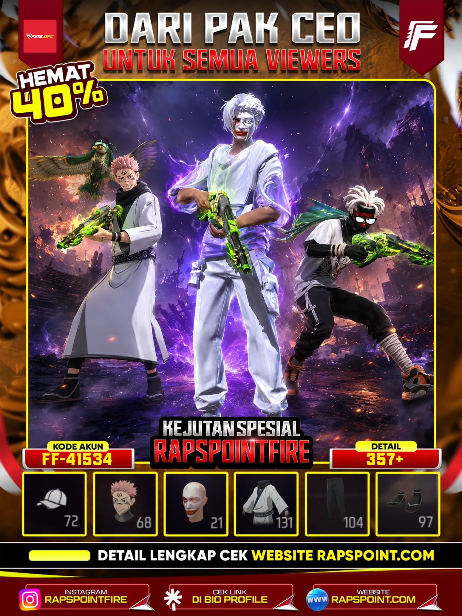AKUN PELAJAR V 131,PRIME 4,EVO 4,SG DUA 2 RASA,SUKUNA,YUJI JJK,SEPATU JORDAN,, DAN MASIH BANYAK ITEM LAINNYA