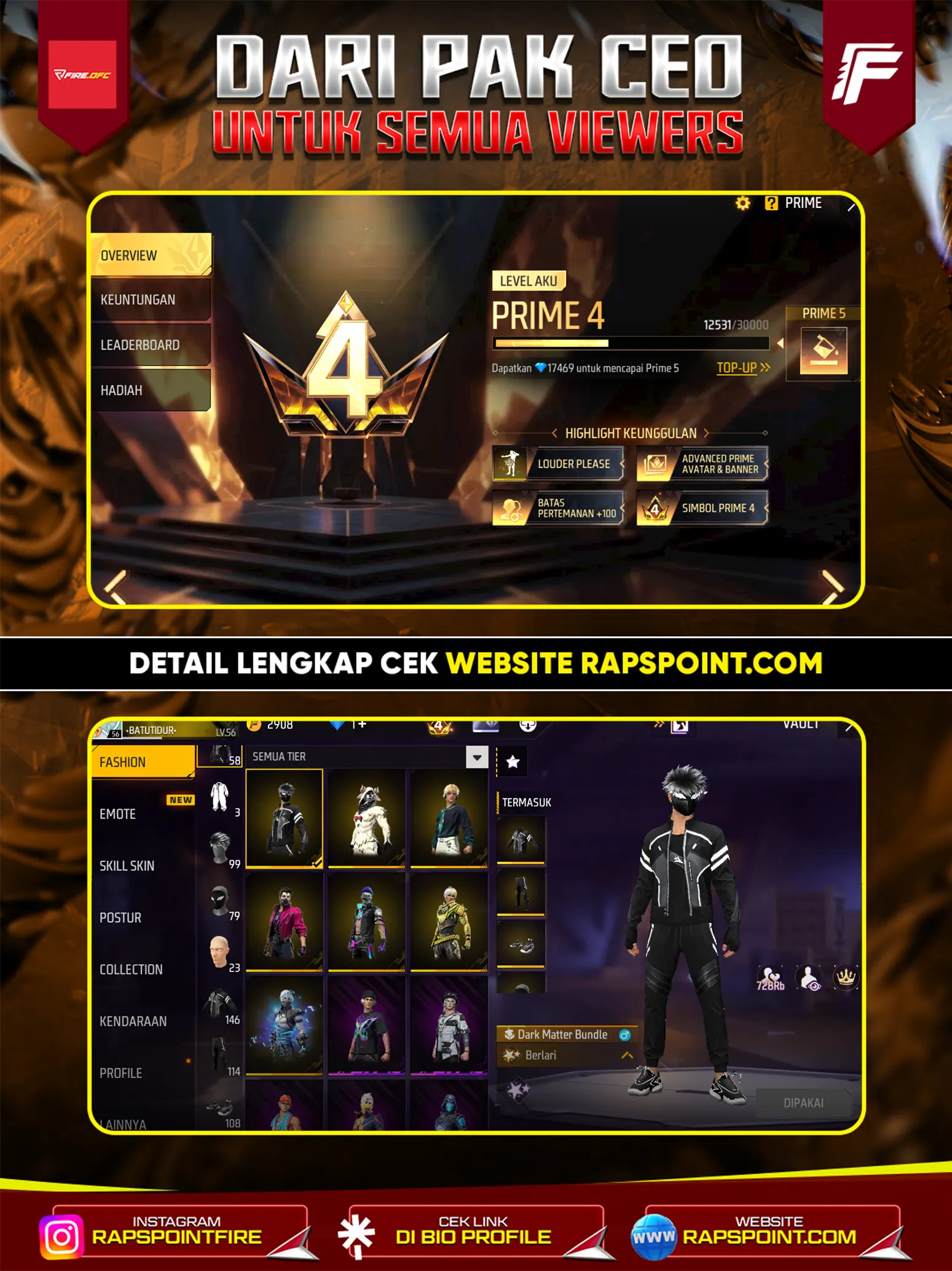 AKUN PELAJAR VAULT 146, PRIME 4, SG2 TROMPET, EVO 4, BAJU HITAM POLOS, TOPI JERAMI, RAMBUT KAKASHI, DAN MASIH BANYAK ITEM LAINNYA